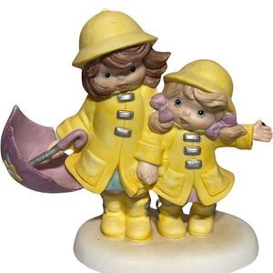 Vintage 93 Enesco Sisters Together Through Rain or Shine Yellow Ceramic Figurine